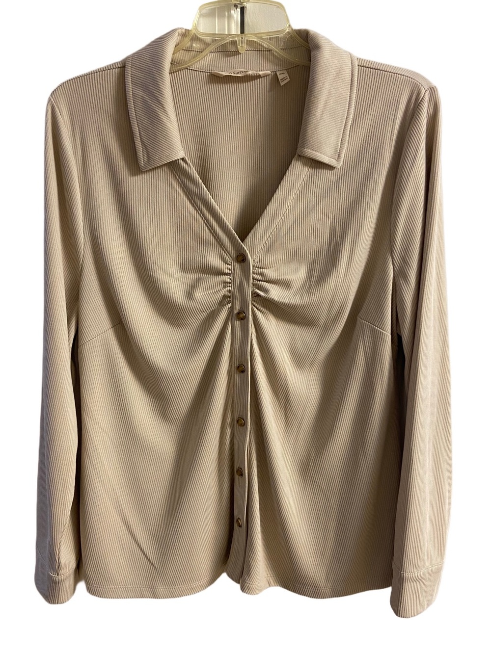 Soft Surroundings Ribbed Ruched Front Button Top Collar Blouse Nude Tan PXL